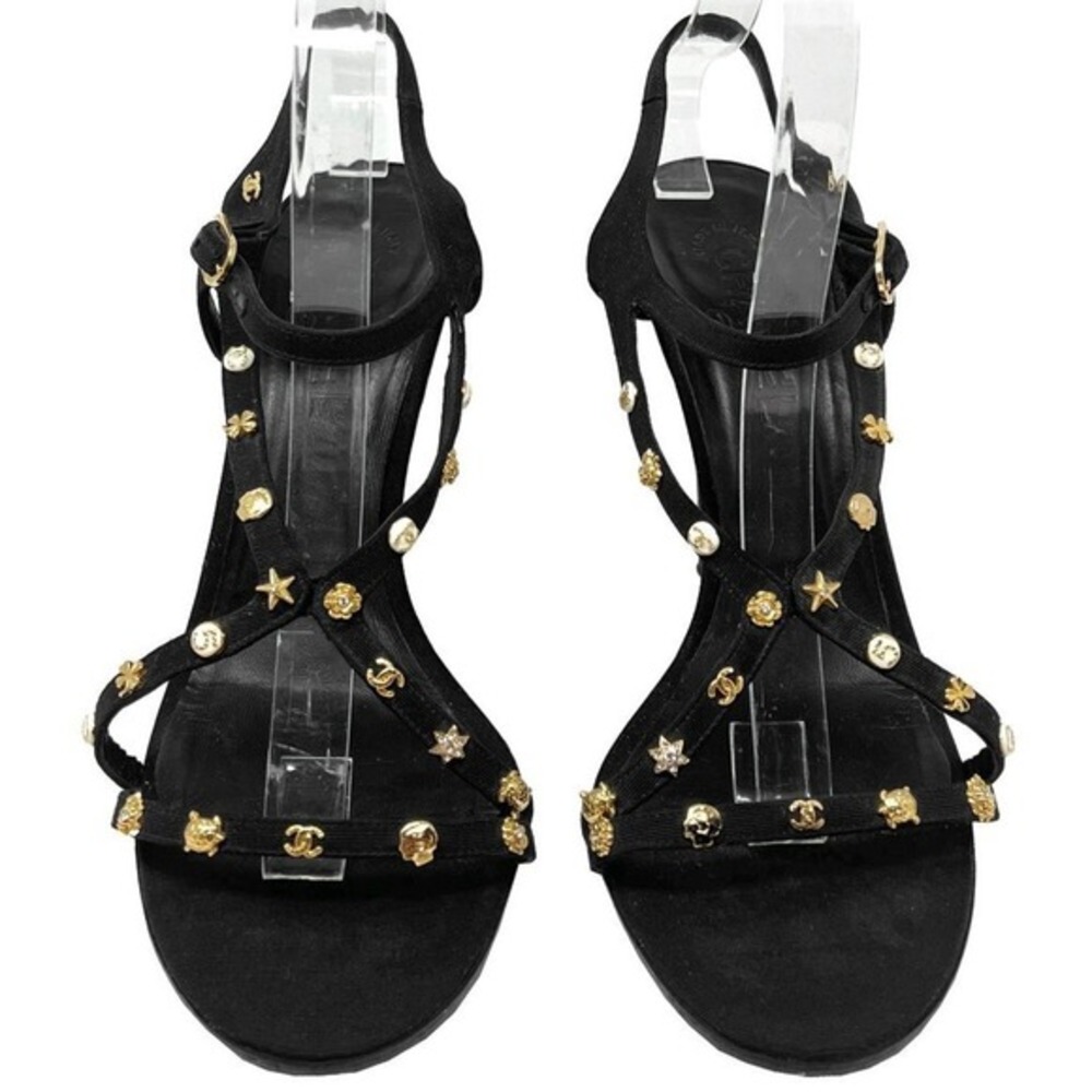 Chanel Black Strappy Heels Gold‎ Logo Studded Sandals Size 41